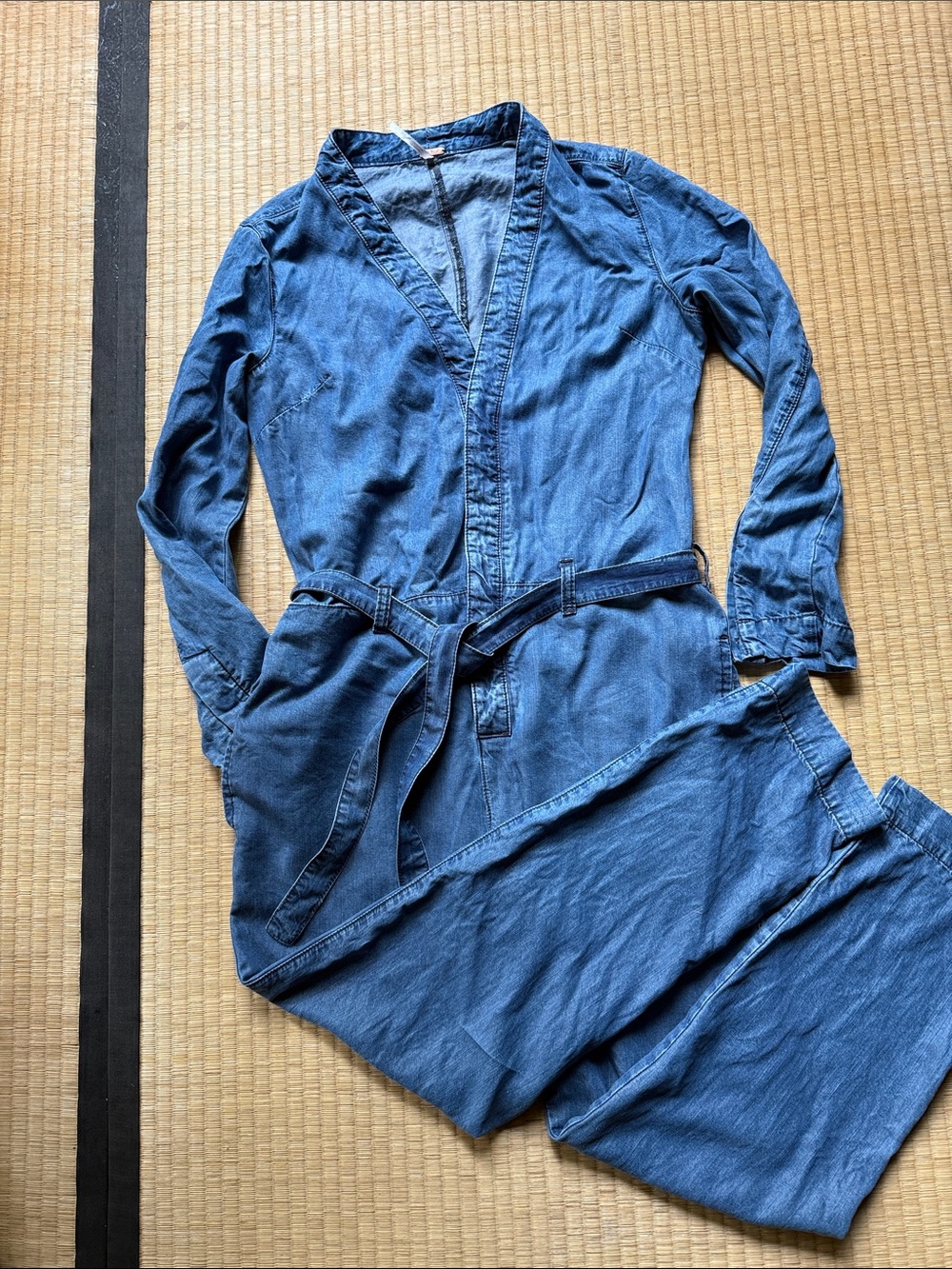 Free People Indigo Chambray Denim Jumpsuit with Waist Tie